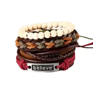 NEXT CREATION Multilayer Handmade Believe Charm Leather Wrap Bracelets – Set of 4 for Men & Women