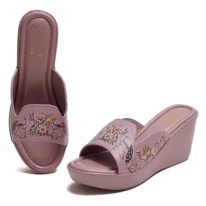 JM LOOKS Women’s Ethnic Print Wedge Heel Slip-On Sandals | Comfortable Platform Sandal for Casual & Festive Look - Wood-Rose