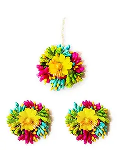 laxmi Ethnic Flower Gotta Patti Earrings and Maang Tikka Jewellery Set for Haldi/Mehandi/Baby Shower Engagement Wedding for Women Girls (Blue)
