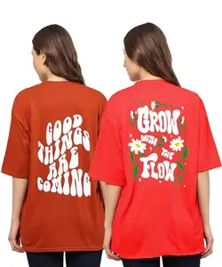 TQH Women Casual Printed Half Sleeve with Round Neck Cotton Blend Over Size Longline Drop Shoulder, Very Trendy Brown, True Red Printed T-Shirt