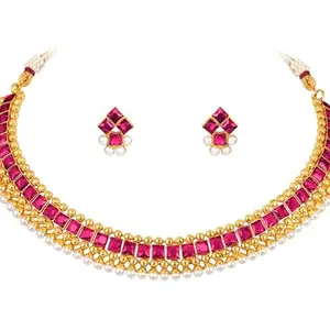 JFL - Jewellery for Less Gold Plated Square Pink Stone and Pearl Studded Necklace Set with Adjustable Thread for Women and Girls (Pink)