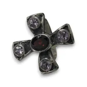 Neersterlings Gothic Cross Ring with Purple and Red Crystals | 925 Silver | Statement Ring