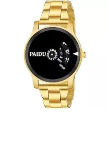 Stylish Watch Stainless Steel Chain Wrist Watch Analog Round Dial for Men and Boys (Free Size) (Black Gold)