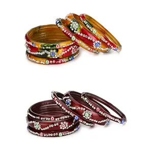 Colorful Glass Bangles/Kada Set Ornamented with Colourful Chips & Beads_kJ228 (AnBang-DX2.a_bang)