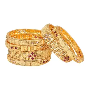 ACCESSHER Matte Gold Plated Ethnic Inspired Semi Pecious Stones Embedded Floral Design Rajwadi Style Statement/Bangles Pack of 6 for Women and Girls (Gold) (2.8)