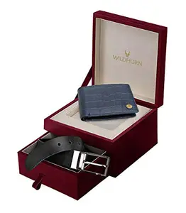 WildHorn Classic Leather Men's Wallet and Belt Combo (New Blue Croco)