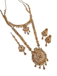 Antique Gold Plated Kundan Necklace Set with Floral Motifs and Gemstones, 45 cm