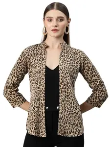 Cottinfab Women 3/4 Sleeves Animal Printed Open Front Shrug Beige