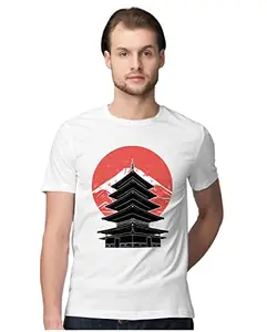 ALLEN BLACK Men's Regular Fit T-Shirt Japanese Pagoda Shrine 100% Cotton T-Shirt White_PAGODJPN-White M Men Round_
