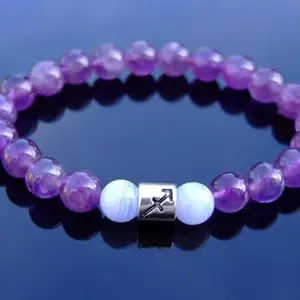 LKBEADS Natural Amethyst & White Lace Agate 8mm Round Shape Smooth Cut Beads 8 inch Stretchable Bracelet for Men & Women.|STBR_RR_00518_8.0