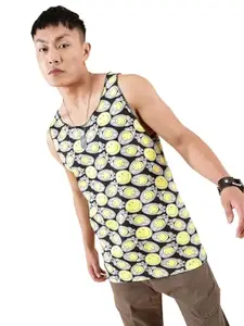RodZen Men's Pure Cotton Round Neck Sleeveless Printed T-Shirt (Yellow, L)