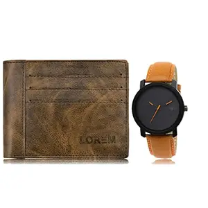 LOREM Combo of Orange Wrist Watch & Brown Color Artificial Leather Wallet (Fz-Wl19-Lr20)
