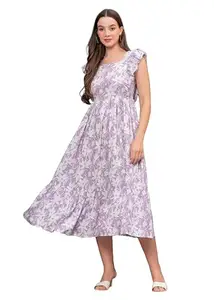GLAMALUE New Rayon Floral Printed Short Ruffled Sleeves Flared Maxi Dress for Women & Girls | Fit & Flared Dress | Maxi Length Dress | Women Dress Purple