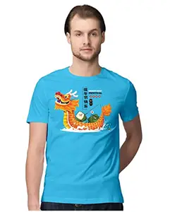 ALLEN BLACK Men's Regular Fit T-Shirt Dragon Boat Festival 100% Cotton T-Shirt Sky Blue_DRGNBTFMEN-Sky Blue 2XL Men Round_