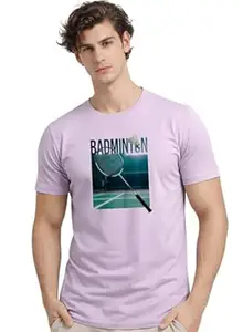 ADRO Mens Badminton Graphic T-Shirt | Cotton Lycra Tshirt | 180 GSM Stretchable Crew Neck Sports Tee | Breathable Casual T Shirt for Men