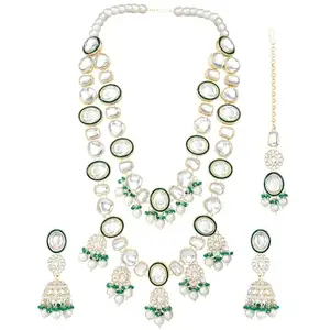 Peora Green Kundan & Beads Studded Two Layer Necklace Maangtikka & Jhumki Earrings Ethnic Jewellery Set for Women & Girls
