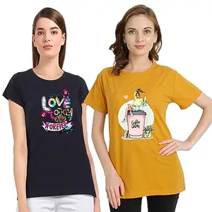 CHOZI Women's T-Shirts Combo, Cotton Half Sleeves Round-Neck Printed T-Shirt for Girls, & Women Tees (Pack of 2) Navy Blue, Mustard-XXX-Large 870