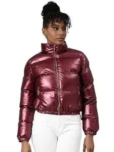 SHOWOFF Women's Long Sleeves Solid Maroon Puffer Jacket Comes with Detachable Hood-8815_Maroon_S