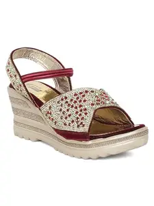 Fiia Women Stylish Fashion Sandals Patch Work Upper Ankle Strap Sandals For Wedding & Party Red UK-5