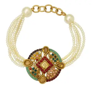 Traditional Kundan Multicolour Stone Pearl Bracelet, Gold-Toned Chain with Gemstones, Indian Ethnic Jewellery