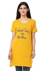 Cotton Printed Half Sleeves Round Neck Regular Fit T-Shirts, Long Night Wear T-Shirt for Women's & Girls (Large, Musturd)
