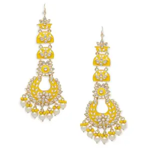 OOMPH Jewellery Yellow Meenakari & Kundan Floral Chandbali Earrings with Ear Chain For Women & Girls Stylish Latest (Y-EHC232_A)