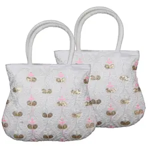 Kuber Industries Hand Bag | Traditional Tote Hand Bag for Women | Silk Wallet Hand Bag | Ladies Purse Handbag | Curved Shape Embroidery Hand Bag | Pack of 2 | Cream