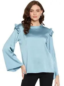 Masalli Fashion Women's Shirt Solid Blue Satin high Neck Flared Sleeve Shirt