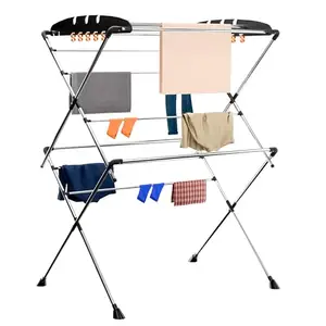 Kuber Industries Stainless Steel Cloth Stand for Drying Clothes Foldable | Zig Zag Cloth Dryer Stand for Balcony | Smart Design with 13 Hanger Rods and 10 Additional Hooks | Black & Silver