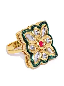 Priyaasi Gold Plated Ring with Kundan Studded for Women, Girls - Adjustable Square Design Finger Rings
