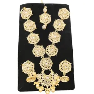 AURA'S Gold Plated Kundan Long Necklace Earring Maangtikka & Ring Set For Women Girls Indian Heavy Traditional Jewellery set