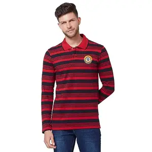 Giordano Men's Striped Polo Collar Pure Cotton Long Sleeves Slim Fit T-Shirt - Red