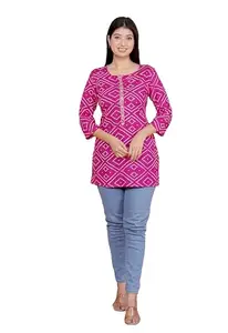 S B Enterprises Electronics Bandhej Printed Straight 3/4th Sleeves Kurti Perfect for Casual, Formal, and Ethnic Wear (Pink-L)