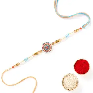 Floweraura Raksha Bandhan Celebrations Handcrafted Embellished Pearl and Blue Beaded Rakhi Bracelet with Roli - Rakhi for Brothers, Bhaiya, Cousins & Raksha Bandhan Gifts