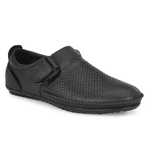 egoss Comforts Premium Genuine Leather Slipper Sandals for Men (Black-8)-GS-805