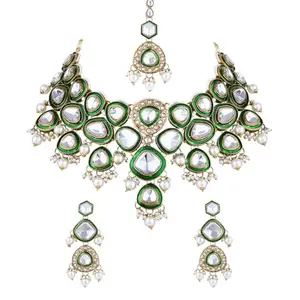 I Jewels Gold Plated Traditional Kundan & Pearl Drop Bridal Necklace With Earrings & Maang Tikka Jewellery Set For Women (K7293G)