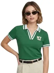 JUNEBERRY® Women’s Regular Fit Lycra Polo T-Shirt with Contrast Striped Collar and Half Sleeves, Soft Fabric for All-Day Comfort and Easy Wear (Sizes S to 2XL)
