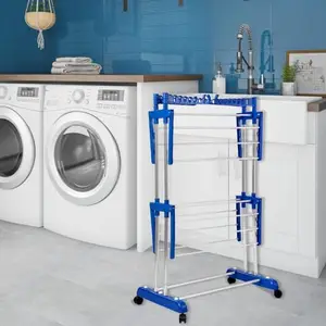TNC;WORLD OF MODERN UTILITY PRODUCTS TNC Foldable Cloth Drying Rack Stand – Blue, 2-Pole 2-Tier Laundry Rack | Indoor & Outdoor Clothes Dryer with Foldable Wings & Wheels