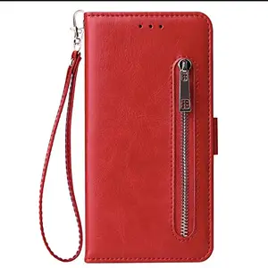 Teletel Zipper Series Flip Mobile Cover Pu Leather | Card & Cash Pockets | Magnetic Loop | Front Zip Lock Wallet Case (Red) for Gionee S6S