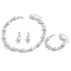 Peora Silver Plated Crystal & Pearl Studded Stylish Necklace Drop Earrings with Bracelet Set Fashion Jewellery for Women