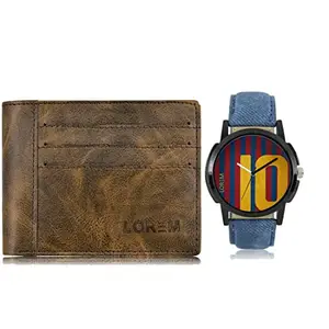 LOREM Combo of Blue Wrist Watch & Brown Color Artificial Leather Wallet (Fz-Wl19-Lr10)