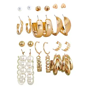 Fashion Frill 12 Pairs Combo Earring Set for Women and Girls – Gold Plated Hoops, Studs, Dangle, Pearl Earrings – Lightweight Stylish Jewellery Gift for Her