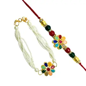 JAICRAFTPUR Elegant KUNDAN Rakhi for Bhaiya and Bhabhi ll Siblings|on this Raksha Bandhan Celebration II Rakhi combo Set of Roli Chawal, Fridge Magnet, Greeting Card