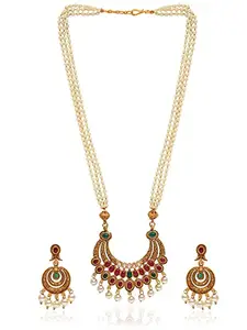 I Jewels 18K Gold Plated Traditional Antique Temple Jewellery Long Necklace With Earrings For Women & Girls (MC079MG)