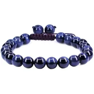 RRJEWELZ Natural Blue Tigers Eye Round Shape 8mm Smooth Beads Brown Color Threaded Adjustable Bracelet For Men & Women. |TDBR_0703