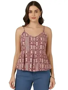 Pinkmint Women Pure Cambric Cotton Printed Peplum Top | Sleeveless Spaghetti Strap Summer Casual Top for Women & Girls