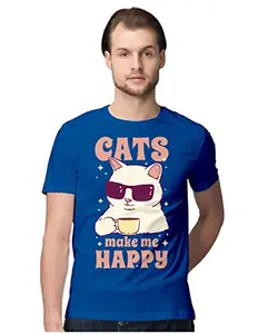 ALLEN BLACK Men's Regular Fit T-Shirt Cats Make Me Happy - Cool Cat 100% Cotton T-Shirt Royal Blue_CATMAKEMEN-Royal Blue XL Men Round_