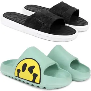 Pampy Angel Combo Pack of 2 Slipper/Flip Flops/Slides/Clogs/Sandals with Adjustable Back Strap for Women,(Buckle-Black,T-Eyes-Green),36 (Euro)