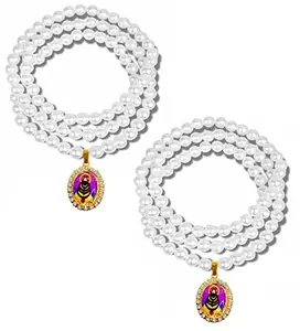 De-Ultimate (Set Of 2 Pcs) Golden Stainless Steel Oval Shape Diamond Nug Engraved/Studded Hindu God Lord Shri Baba Khatu Shyam/Barbarika Ji Locket Pendant Necklace With White Pearl Beads/Moti Mala