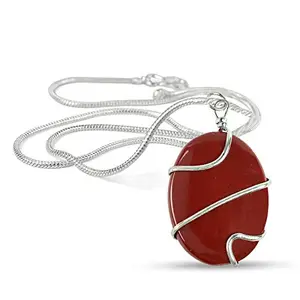 Crystu Red Jasper Pendant Oval Wire Wrapped Crystal Stone Pendant/Locket with Metal Chain for Reiki Healing and Crystal Healing Gemstone Size 30-35 mm (Color : Red)